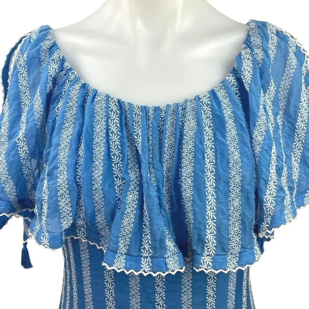 Tory Burch Runway 2019 Blue Embroidered Floral Striped Scoop Neck Midi Dress M